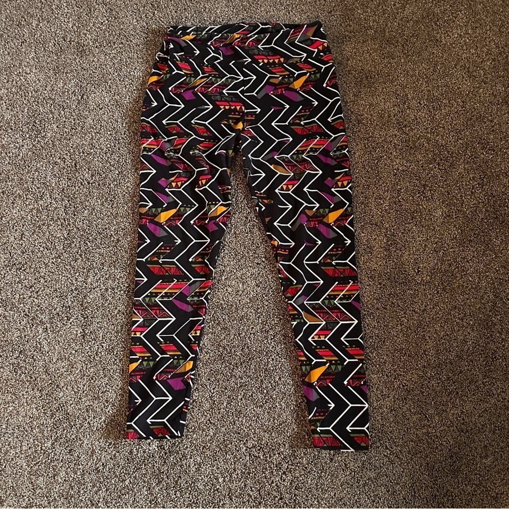 Womans L/XL Black Geometric Print Leggings Boho Tribal Zigzag High Waist Stretch